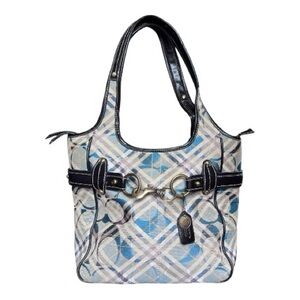 Coach Vintage Ergo Belted Signature Hobo Blue Plaid Tote Handbag Dark Brown Trim